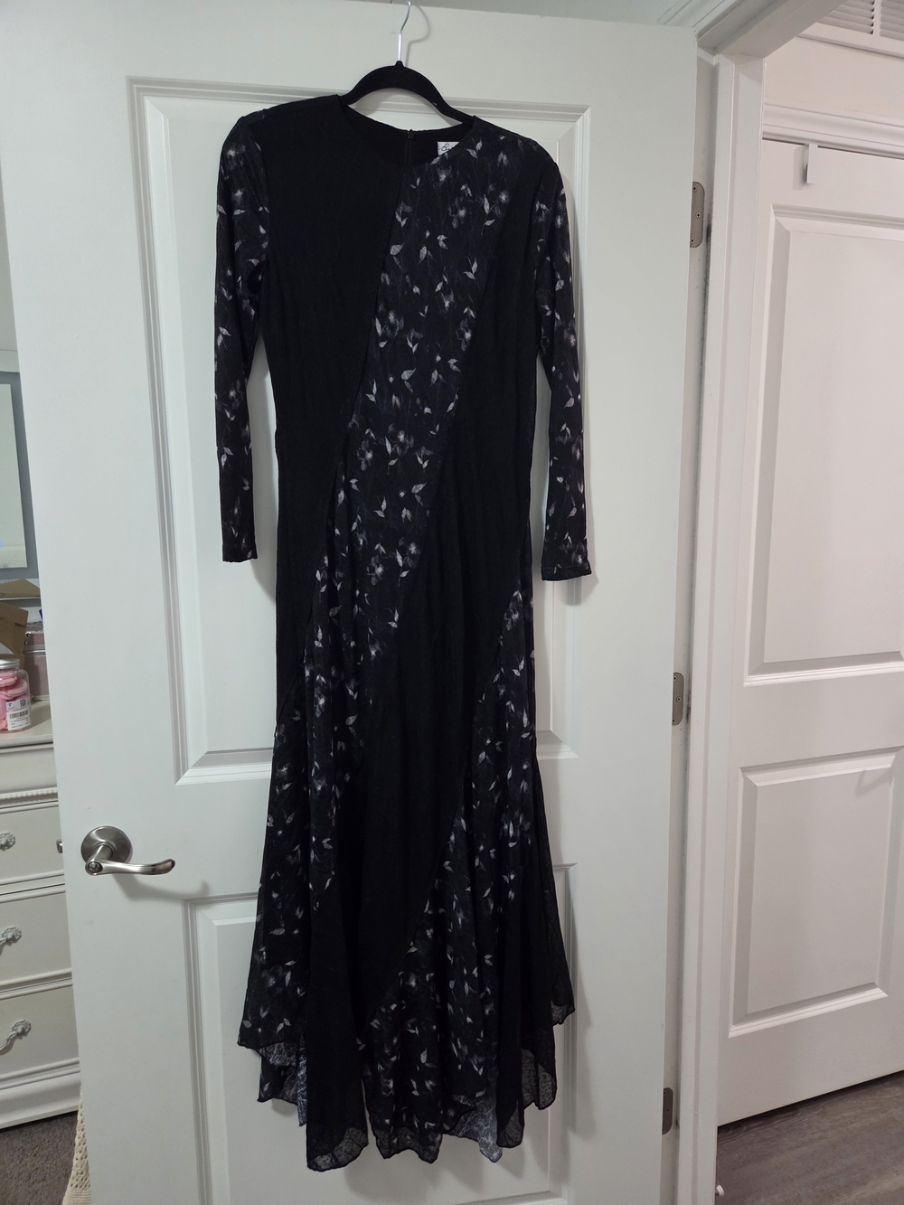 Ada Dress | Black Maxi Dress with Charcoal Patterned Insets